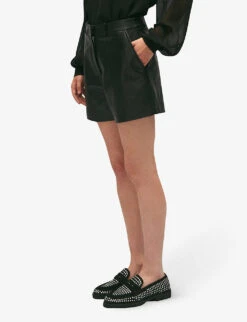 CLAUDIE PIERLOT Camille Mid-rise Straight-fit Leather Shorts -Reisi Clothing Shop R04190175 NOIRGRIS ALT02