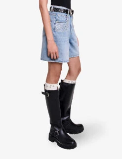 Maje Ietoile Rhinestone-embellished Flared Denim Shorts -Reisi Clothing Shop R04190247 BLEUS ALT02