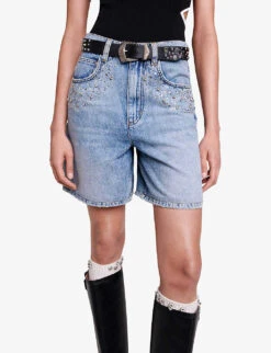 Maje Ietoile Rhinestone-embellished Flared Denim Shorts -Reisi Clothing Shop R04190247 BLEUS ALT04