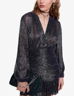 Maje Runnylo Glittered Draped Woven Mini Dress -Reisi Clothing Shop R04190400 BLEUS ALT04