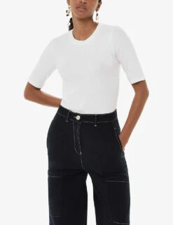 Whistles Essential Crew-neck Ribbed Stretch-woven T-shirt -Reisi Clothing Shop R04192527 WHITE ALT02