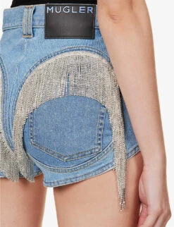 Mugler Crystal-embellished Mid-rise Stretch-denim Shorts -Reisi Clothing Shop R04192667 LIGHTBLUE ALT04
