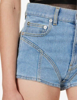 Mugler Crystal-embellished Mid-rise Stretch-denim Shorts -Reisi Clothing Shop R04192667 LIGHTBLUE ALT05