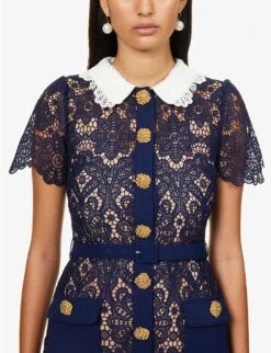 SELF PORTRAIT Guipure Collared Lace Midi Dress -Reisi Clothing Shop R04195769 NAVYEXCL ALT04