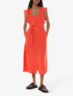 Whistles Sophie Frill-sleeve Button-down Woven Midi Dress -Reisi Clothing Shop R04196284 RED ALT01