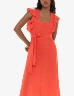 Whistles Sophie Frill-sleeve Button-down Woven Midi Dress -Reisi Clothing Shop R04196284 RED ALT02