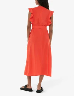 Whistles Sophie Frill-sleeve Button-down Woven Midi Dress -Reisi Clothing Shop R04196284 RED ALT03