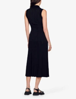 Sandro Laurene Collared Sleeveless Stretch-knit Midi Dress -Reisi Clothing Shop R04197736 NOIRGRIS ALT03
