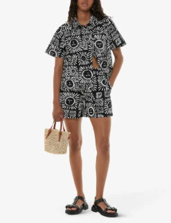 Whistles Sunman Graphic-print Elasticated-band Linen Cotton-blend Shorts -Reisi Clothing Shop R04200353 MONOCHROME ALT01