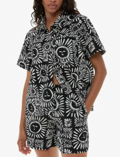 Whistles Sunman Graphic-print Elasticated-band Linen Cotton-blend Shorts -Reisi Clothing Shop R04200353 MONOCHROME ALT02