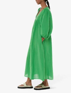 Whistles Gloria Balloon-sleeve Relaxed-fit Linen-cotton Blend Midi Dress -Reisi Clothing Shop R04200363 GREEN ALT02