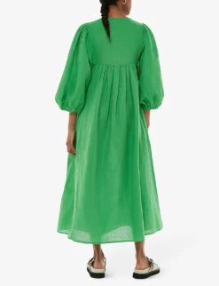 Whistles Gloria Balloon-sleeve Relaxed-fit Linen-cotton Blend Midi Dress -Reisi Clothing Shop R04200363 GREEN ALT03