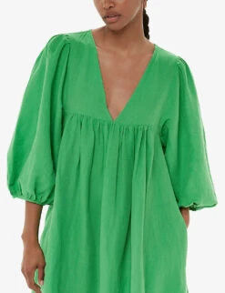Whistles Gloria Balloon-sleeve Relaxed-fit Linen-cotton Blend Midi Dress -Reisi Clothing Shop R04200363 GREEN ALT04