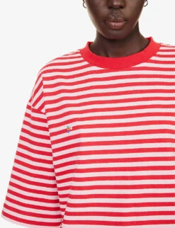 Stripe-pattern Brand-embroidered Recycled-cotton T-shirt -Reisi Clothing Shop R04202683 RED ALT04