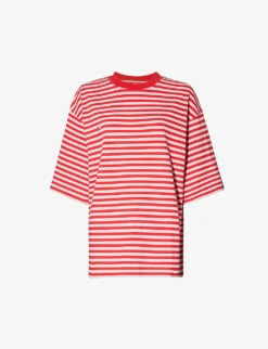 Stripe-pattern Brand-embroidered Recycled-cotton T-shirt