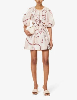 Psychedelia Puff-sleeve Linen-blend Mini Dress -Reisi Clothing Shop R04204005 WHIMSICALDOVE ALT01