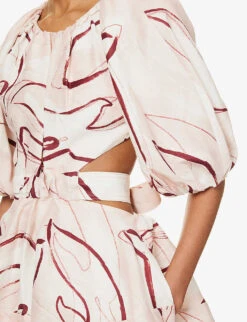 Psychedelia Puff-sleeve Linen-blend Mini Dress -Reisi Clothing Shop R04204005 WHIMSICALDOVE ALT04