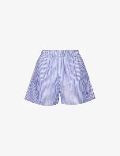 SRC-embroidered Striped High-rise Cotton-poplin Shorts