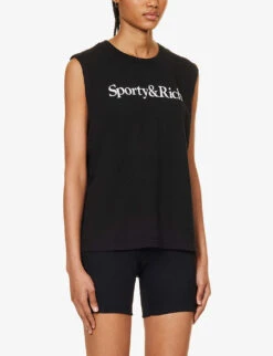 Brand-print Sleeveless Regular-fit Cotton T-shirt -Reisi Clothing Shop R04205097 BLACKWHITE ALT02