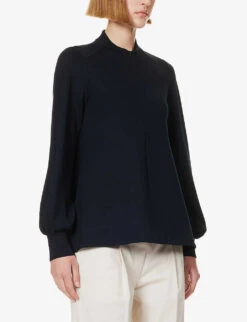 ME AND EM Balloon-sleeve Relaxed-fit Stretch-woven Blend Blouse -Reisi Clothing Shop R04205636 NAVY ALT02