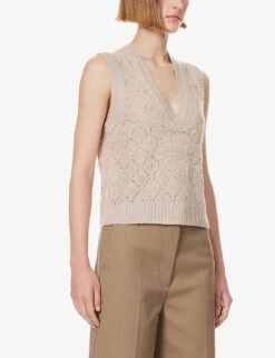 ME AND EM V-neck Pointelle-knit Merino Wool Blend Vest Top -Reisi Clothing Shop R04205691 OATMEAL ALT02