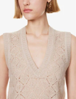 ME AND EM V-neck Pointelle-knit Merino Wool Blend Vest Top -Reisi Clothing Shop R04205691 OATMEAL ALT04