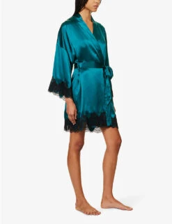 Floral Lace-trimmed Stretch-woven Robe -Reisi Clothing Shop R04207761 EMERALDBLACK ALT02