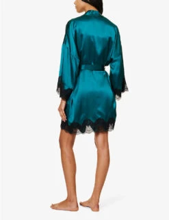 Floral Lace-trimmed Stretch-woven Robe -Reisi Clothing Shop R04207761 EMERALDBLACK ALT03